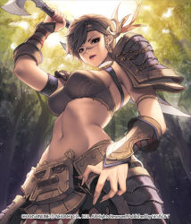 Rule 34 | 1girl, armor, bandeau, black eyes, braid, breasts, brown hair, card (medium), chaos online, facepaint, faulds, fingernails, from below, headband, large breasts, looking at viewer, love cacao, mazenda (chaos online), midriff, navel, over shoulder, pauldrons, scar, short hair, shoulder armor, single braid, solo, strapless, sword, sword over shoulder, tube top, vambraces, weapon, weapon over shoulder