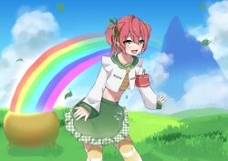 Rule 34 | 1girl, absurdres, belly, cloud, cloudy sky, coin, commission, falling leaves, fuyo cloverfield, grass, green eyes, hair ribbon, highres, idol corp, leaf, mountain, navel, rainbow, ribbon, shirt, short hair, skirt, sky, thighhighs, thighs, virtual youtuber