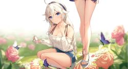 Rule 34 | 2girls, absurdres, bare legs, bare shoulders, beten, blue eyes, blue hairband, blue shorts, blurry, blurry background, braid, breasts, bug, butterfly, camera, cleavage, closed mouth, collarbone, feet out of frame, flower, hair between eyes, hairband, hand up, high heels, highres, holding, holding camera, honkai (series), honkai impact 3rd, insect, kiana kaslana, long hair, long sleeves, looking at viewer, medium breasts, multiple girls, off-shoulder shirt, off shoulder, outdoors, rose, shirt, shorts, skirt, smile, squatting, white footwear, white hair