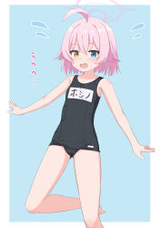 Rule 34 | 1girl, ahoge, bare arms, bare legs, bare shoulders, barefoot, black one-piece swimsuit, blue archive, blue background, blue eyes, blush, breasts, brown eyes, collarbone, commentary request, covered navel, fang, feet out of frame, flying sweatdrops, hair between eyes, halo, heterochromia, highres, hoshino (blue archive), looking at viewer, name tag, old school swimsuit, one-piece swimsuit, open mouth, pink hair, school swimsuit, small breasts, solo, standing, standing on one leg, sweat, swimsuit, takasuma hiro, translation request, two-tone background, white background