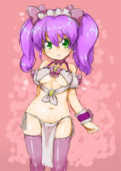 Rule 34 | 1girl, blush, breasts, character request, green eyes, large breasts, midriff, purple hair, randou, smile, solo, source request, thighhighs, twintails