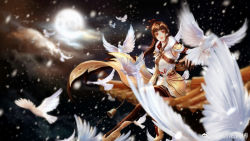 Rule 34 | 1girl, absurdres, artist request, bird, brown hair, closed mouth, cloud, cloudy sky, flying, fur trim, hair ornament, highres, hua jianghu zhi bei mo ting, long hair, long sleeves, looking at viewer, night, rooftop, second-party source, skirt, sky, smile, snowing, solo, thighhighs, wen jing (hua jianghu), yellow skirt