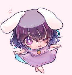 Rule 34 | 1girl, ;p, animal ears, aoi brown, barefoot, carrot necklace, commentary request, curtsey, floppy ears, grey background, heart, inaba tewi, jewelry, looking at viewer, necklace, one eye closed, purple eyes, rabbit ears, simple background, solo, tongue, tongue out, touhou