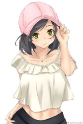Rule 34 | 1girl, alternate costume, baseball cap, black hair, black skirt, blouse, casual, character name, commentary request, dated, frilled shirt, frills, hat, highres, jewelry, kantai collection, kuroshio (kancolle), looking at viewer, navel, necklace, one-hour drawing challenge, pink hat, shirt, short hair, simple background, skirt, smile, solo, timato, twitter username, white background, white shirt, yellow eyes