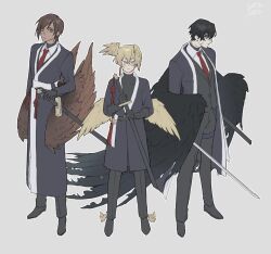 Rule 34 | 1girl, 2boys, bird wings, black coat, black jacket, black kimono, black wings, blonde hair, brown wings, closed mouth, coat, collared shirt, full body, head wings, highres, holding, holding sword, holding weapon, jacket, japanese clothes, kimono, limbus company, looking at viewer, multiple boys, necktie, outis (project moon), project moon, red kimono, red necktie, satome setsuko, sheath, sheathed, shirt, sinclair (project moon), sword, unsheathed, weapon, white shirt, wings, yellow eyes, yellow wings, yi sang (project moon)