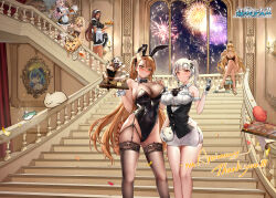 Rule 34 | 6+girls, absurdres, animal ears, anniversary, apron, bare shoulders, black bow, black bowtie, black dress, black garter straps, black hairband, black leotard, black thighhighs, blonde hair, blush, bow, bowtie, breasts, brown hair, cat, character request, chinese commentary, cleavage, closed mouth, commentary request, crossed legs, detached collar, dress, english text, fake animal ears, fireworks, garter straps, green eyes, grey hair, hairband, highleg, highleg leotard, highres, holding, large breasts, leotard, long hair, maid, maid headdress, multiple girls, official art, playboy bunny, rabbit ears, red eyes, sacabambaspis, side ponytail, sitting, smile, stairs, standing, the phoenix, thighhighs, warship girls r, white apron, white headwear, wrist cuffs