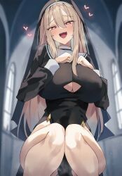 Rule 34 | 1girl, :d, black dress, blurry, blurry background, blush, breasts, church, clothing cutout, commentary request, dress, hair ears, heart, highres, indoors, large breasts, legs, long hair, long sleeves, looking at viewer, nun, open mouth, original, red eyes, smile, solo, squatting, teeth, thighs, unacchi (nyusankin), underboob cutout, upper teeth only
