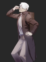 Rule 34 | 1boy, brown coat, coat, death parade, ginko, green eyes, grey background, grey pants, grey shirt, hair over one eye, hand on own hip, looking at viewer, male focus, mushishi, open clothes, open coat, pants, parody, ravefirell, shirt, signature, silver hair, simple background, solo, wooden box