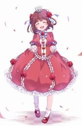 Rule 34 | 1girl, ^ ^, amami haruka, bad id, bad pixiv id, brown hair, closed eyes, crown, dress, closed eyes, flower, hair flower, hair ornament, idolmaster, idolmaster (classic), mary janes, open mouth, petals, rose, shoes, skirt hold, smile, solo, sxupxdxxy