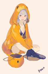 Rule 34 | 1girl, bikini, bikini under clothes, blunt bangs, character request, commentary request, fang, full body, hood, hoodie, jack-o&#039;-lantern, looking at viewer, pomodorosa, pumpkin, purple bikini, red eyes, silver hair, simple background, sitting, solo, swimsuit