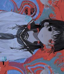 Rule 34 | 1girl, abstract background, black eyes, black hair, black neckerchief, black sailor collar, expressionless, glitch, highres, long hair, looking at viewer, mrt mr, neckerchief, original, sailor collar, shirt, sideways, solo, twintails, twitter username, upper body, white shirt