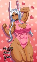 Rule 34 | 1girl, abs, bare shoulders, blush, boku no hero academia, breasts, cameltoe, chestnut mouth, cleavage, cleavage cutout, cleft of venus, clothing cutout, collarbone, curvy, dark-skinned female, dark skin, english text, eyelashes, female focus, happy new year, heart cutout, highres, impossible clothes, impossible leotard, large areolae, large breasts, leotard, looking at viewer, mirko, muscular, muscular female, navel, new year, pink leotard, polka dot, polka dot background, rabbit ears, rabbit girl, red eyes, shiny skin, skin tight, skindentation, solo, suxka12, thick thighs, thighs, white hair, wide hips