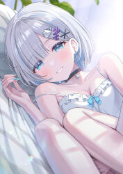 Rule 34 | 1girl, absurdres, bare shoulders, black choker, blue nails, blunt bangs, blush, breasts, camisole, choker, cleavage, collarbone, commentary request, fingernails, ghost hair ornament, grey eyes, hair ornament, hairclip, highres, kaga sumire, knees up, looking at viewer, medium breasts, momomoi momoi, nail polish, parted bangs, short hair, smile, solo, virtual youtuber, vspo!, white camisole, white hair, x hair ornament