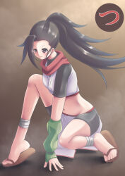 Rule 34 | 1girl, ankle wrap, bike shorts, brown eyes, chooper, commentary request, forehead, gloves, green gloves, high ponytail, highres, kunoichi tsubaki no mune no uchi, midriff, navel, ninja, pelvic curtain, red scarf, sandals, scarf, simple background, tsubaki (kunoichi tsubaki no mune no uchi), zouri