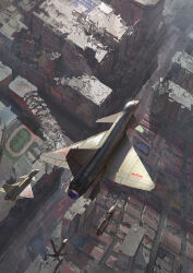 Rule 34 | absurdres, aircraft, airplane, bomb, canards, canopy (aircraft), china, city, cityscape, destruction, explosive, falling, fighter jet, highres, j-10, jet, jet engine, lhlclllx97, military, military vehicle, no humans, original, outdoors, people&#039;s liberation army, people&#039;s liberation army air force, ruins, scenery, vehicle focus, war
