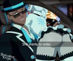 Rule 34 | 1boy, 1girl, :d, artist name, ass, black panties, braid, braided ponytail, brown eyes, brown hair, car interior, commentary, dark-skinned male, dark skin, dress, drive-thru, ear piercing, earrings, english commentary, english text, fake phone screenshot, fake screenshot, fedora, flynt coal, grey pantyhose, hat, he wants to order (meme), highres, interracial, jewelry, lace, lace-trimmed panties, lace trim, meme, necktie, open mouth, panties, panties under pantyhose, pantyhose, pantyshot, piercing, rwby, short dress, smile, snapchat, snowflake print, spellcaster knight, sunglasses, teeth, thighhighs, tuxedo, underwear, undone necktie, upper teeth only, weiss schnee, white dress, white hair, white thighhighs