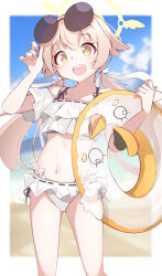 Rule 34 | 1girl, absurdres, beach, bikini, blue archive, blue sky, blurry, blurry background, blush, cloud, collarbone, commentary, cowboy shot, eyewear on head, frilled bikini, frills, hair flaps, halo, hifumi (blue archive), hifumi (swimsuit) (blue archive), highres, holding, holding swim ring, innertube, koutei pengin 1-gou, light brown hair, long hair, looking at viewer, low twintails, navel, ocean, open mouth, outdoors, peroro (blue archive), sidelocks, sky, smile, solo, stomach, sunglasses, swim ring, swimsuit, teeth, thighs, transparent innertube, twintails, upper teeth only, white bikini, yellow eyes
