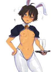 Rule 34 | 1girl, 2equal8, ?, ahoge, animal ears, black hair, blush, breasts, rabbit ears, champagne flute, champagne glass, cup, dream c club, dream c club (series), drinking glass, drunk, empty eyes, fake animal ears, female focus, female pubic hair, hand on own hip, highres, meme attire, nao (dream c club), nipples, nose blush, pubic hair, puffy short sleeves, puffy sleeves, pussy, revealing clothes, reverse bunnysuit, reverse outfit, short hair, short sleeves, simple background, small breasts, solo, thighhighs, tomboy, tray, very short hair, white background