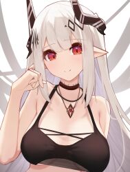 Rule 34 | 1girl, absurdres, arknights, bikini, black bikini, black horns, breasts, breasts apart, closed mouth, grey hair, halterneck, hand up, highres, horns, jewelry, light blush, long hair, looking at viewer, medium breasts, mudrock (arknights), mudrock (silent night) (arknights), official alternate costume, orange eyes, paid reward available, pendant, pointy ears, sidelocks, slit pupils, smile, solo, split mouth, swimsuit, upper body, white background, worimehl