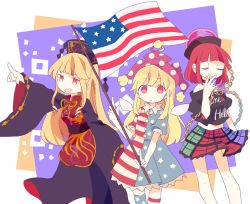 Rule 34 | 3girls, alternate costume, alternate legwear, american flag, american flag dress, bad id, bad twitter id, bare shoulders, black shirt, blonde hair, chinese clothes, closed eyes, clothes writing, clownpiece, collar, crescent, daizu (melon-lemon), dress, english text, eyebrows, fairy wings, frilled collar, frilled shirt collar, frills, hat, hecatia lapislazuli, highres, index finger raised, jester cap, junko (touhou), long hair, long sleeves, midriff, multicolored clothes, multicolored skirt, multiple girls, off-shoulder shirt, off shoulder, pointing, polka dot, red eyes, red hair, sash, shirt, short sleeves, sidelocks, simple background, skirt, standing, star (symbol), tabard, thighhighs, touhou, white background, wide sleeves, wings, yawning