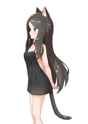 Rule 34 | 1girl, absurdres, aina (mao lian), animal ears, arms behind back, bare shoulders, black dress, black hair, blue eyes, breasts, cat ears, cat tail, cleavage, dress, from side, highres, long hair, mao lian (nekokao), medium breasts, original, short dress, simple background, solo, standing, tail, white background