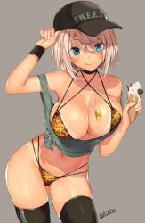 Rule 34 | 1girl, :q, adjusting clothes, adjusting headwear, animal print, bare shoulders, baseball cap, bikini, bikini tan, black thighhighs, blue eyes, blush, breasts, cleavage, collarbone, dark-skinned female, dark skin, food, hat, ice cream, large breasts, leopard print, looking at viewer, mataro (matarou), nail polish, navel, original, shiny skin, short hair, signature, silver hair, simple background, smile, solo, standing, swimsuit, tan, tank top, tanline, thighhighs, tongue, tongue out, whistle, whistle around neck, wristband