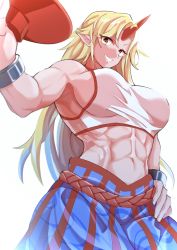 Rule 34 | 1girl, abs, alcohol, belly, biceps, blonde hair, blue skirt, breasts, commentary request, crop top, cuffs, cup, fugaku (miko no miyatsuguchi), hand on own hip, highres, horns, hoshiguma yuugi, long hair, medium breasts, midriff, muscular, muscular female, navel, oni, parted bangs, patterned clothing, pointy ears, sakazuki, sake, shackles, simple background, single horn, skirt, solo, stomach, tank top, touhou, very long hair, white background, white tank top, yellow eyes