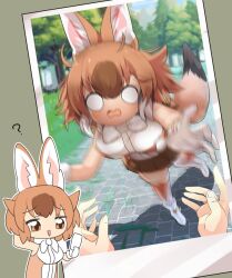Rule 34 | 1girl, ?, animal ears, arm behind head, bare shoulders, blush, bow, bowtie, brown eyes, brown hair, brown shirt, brown skirt, brown thighhighs, dhole (kemono friends), dog ears, dog girl, dog tail, falling, gradient legwear, hair between eyes, kemono friends, lets0020, light brown hair, motion blur, multicolored hair, open mouth, photo (object), pleated skirt, shirt, short hair, sidelocks, skirt, sleeveless, tail, thighhighs, two-tone shirt, white bow, white bowtie, white hair, white shirt, white thighhighs, zettai ryouiki