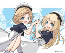 Rule 34 | 2girls, black neckwear, blonde hair, blue background, blue eyes, blue sailor collar, dress, feet out of frame, floral background, gloves, hat, highres, holding hands, janus (kancolle), jervis (kancolle), kantai collection, long hair, looking at viewer, multiple girls, open mouth, poipoi purin, sailor collar, sailor dress, sailor hat, short hair, short sleeves, smile, white background, white dress, white gloves, white headwear