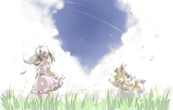 Rule 34 | 2girls, aged down, animal ears, blonde hair, blue sky, child, cloud, day, dress, female focus, fox ears, fox tail, grass, hat, highres, ikuta takanon, inaba tewi, looking back, multiple girls, multiple tails, outstretched arm, rabbit ears, reaching, running, short hair, sky, standing, tail, touhou, yakumo ran