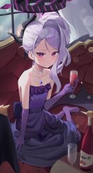 Rule 34 | 1girl, absurdres, black horns, black wings, blue archive, blush, closed mouth, cup, demon horns, demon wings, dress, elbow gloves, flat chest, gloves, grey hair, halo, highres, hina (blue archive), hina (dress) (blue archive), holding, holding cup, horns, juice, jyon (xrmn8737), long hair, looking at viewer, multiple horns, official alternate costume, official alternate hairstyle, pantyhose, purple dress, purple eyes, purple gloves, purple pantyhose, sitting, solo, strapless, strapless dress, tomato juice, wings, yokozuwari