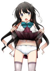 Rule 34 | 1girl, black hair, blush, bow, bow panties, bowtie, clothes lift, cowboy shot, dress, fang, hairband, highres, kantai collection, lifting own clothes, long hair, multicolored hair, naganami (kancolle), naganami kai ni (kancolle), nassukun, panties, pink hair, purple thighhighs, school uniform, skirt, skirt lift, solo, standing, thighhighs, underwear, white background, white hairband, white panties, yellow eyes