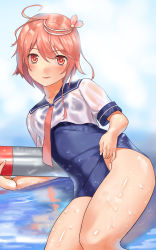 Rule 34 | 10s, 1girl, absurdres, ahoge, bad id, bad pixiv id, blush, brown hair, clothes lift, hair ornament, highres, i-58 (kancolle), kantai collection, looking at viewer, personification, red eyes, school swimsuit, school uniform, serafuku, short hair, smile, solo, swimsuit, swimsuit lift, swimsuit under clothes, torpedo, turiganesou800, type 95 torpedo, water, wet, wet clothes
