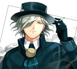 Rule 34 | 1boy, edmond dantes (fate), fate/grand order, fate (series), fedora, gloves, hair over one eye, hat, kana, looking at viewer, male focus, short hair, simple background, smile, smoke, solo, wavy hair, white background, white hair, yellow eyes