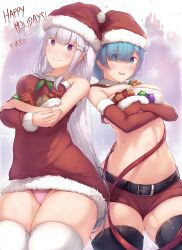 Rule 34 | 2girls, artist name, bare shoulders, belt, black belt, black thighhighs, blue eyes, blue hair, blunt bangs, blush, breast hold, breasts, christmas, closed mouth, collarbone, commentary, crossed arms, curvy, dress, elbow gloves, emilia (re:zero), english commentary, english text, eyes visible through hair, flower, fur-trimmed dress, fur trim, gloves, hair flower, hair ornament, hair over one eye, happy holidays, hat, heads together, highres, kimoshi, large breasts, long hair, looking to the side, merry christmas, midriff, multiple girls, open mouth, panties, panty peek, pink panties, purple eyes, re:zero kara hajimeru isekai seikatsu, red dress, red gloves, red ribbon, red shorts, rem (re:zero), ribbon, santa costume, santa dress, santa gloves, santa hat, short dress, shorts, sidelocks, simple background, smile, thighhighs, thighs, underwear, white flower, white hair, white thighhighs