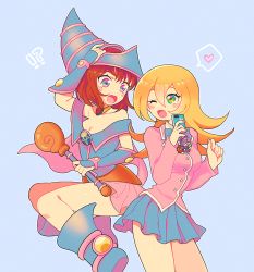 Rule 34 | alternate costume, blonde hair, breasts, brown hair, choker, cleavage, commentary request, cosplay, costume switch, dark magician girl, duel monster, hat, hexagram, large breasts, long hair, mazaki anzu, mommorua, multiple girls, short hair, skirt, smile, standing, wizard hat, yu-gi-oh!, yu-gi-oh! duel monsters