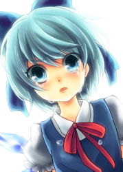 Rule 34 | 1girl, bad id, bad pixiv id, blue eyes, blue hair, bow, cirno, crying, crying with eyes open, embodiment of scarlet devil, female focus, hair bow, matching hair/eyes, ribbon, short hair, solo, sukemyon, tears, touhou, white background, wings
