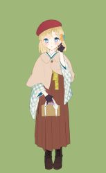 Rule 34 | 1girl, absurdres, adapted costume, alternate costume, alternate hairstyle, bag, beret, black gloves, blonde hair, blue eyes, blush, boots, brown footwear, capelet, chiyomaru (yumichiyo0606), cross-laced footwear, eyelashes, closed eyes, flower, full body, gloves, green background, hair flower, hair ornament, hakama, hakama skirt, hand in own hair, handbag, hat, highres, holding, holding bag, hololive, hololive english, japanese clothes, kimono, leather, leather boots, lips, looking at viewer, medium hair, meiji schoolgirl uniform, red hakama, simple background, skirt, solo, virtual youtuber, watson amelia