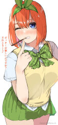 Rule 34 | 1girl, blue eyes, blush, bow, breasts, collared shirt, commentary request, cowboy shot, eyebrows hidden by hair, eyelashes, food in mouth, full-face blush, go-toubun no hanayome, green bow, green ribbon, green skirt, grin, hair between eyes, hair ribbon, highres, index finger raised, irarei (araisanblog), large breasts, looking at viewer, medium hair, miniskirt, nakano yotsuba, one eye closed, orange hair, paid reward available, plaid, plaid bow, pleated skirt, pocky, pocky day, pocky in mouth, ribbon, school uniform, shirt, short sleeves, simple background, skirt, smile, solo, standing, straight hair, sweater vest, teeth, translated, twitter username, uniform, watermark, web address, white background, white shirt, yellow sweater vest