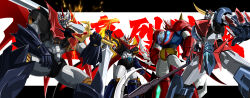 absurdres arm_slave_(mecha) axe cape clenched_hands crossover fiery_wings fin_funnels gattai getter_robo getter_robo_daikessen! ginga_no_kou grendizer grendizer_(grendizer_u) grendizer_u highres holding holding_axe holding_sword holding_weapon horns huge_horns looking_at_viewer mazinemperor_g mazinger_(series) mazinkaiser mazinkaiser_(robot) mecha mecha_focus mechanical_wings no_humans pilder robot science_fiction shin_getter_dragon spear_of_cassius spikes super_robot super_robot_wars super_robot_wars_v super_robot_wars_x sword ufo_robo_grendizer weapon wings yellow_eyes