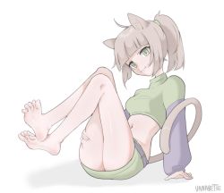 Rule 34 | 1girl, :3, animal ears, barefoot, cat ears, cat tail, crop top, feet, green eyes, highres, long hair, looking at viewer, miniskirt, ponytail, skirt, soles, tail, thighs, toes, vanabette
