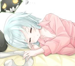 Rule 34 | 10s, 1girl, abyssal ship, bad id, bad pixiv id, breasts, cleavage, dress shirt, closed eyes, kantai collection, lying, on side, open mouth, rateratte, shirt, short hair, silver hair, sleeping, small breasts, solo, wo-class aircraft carrier