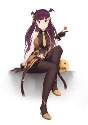 Rule 34 | 1girl, arm at side, bare shoulders, belt, belt buckle, black pantyhose, blunt bangs, blush, breasts, buckle, candy, fake wings, food, food-themed hair ornament, frilled gloves, frills, full body, girls&#039; frontline, gloves, hair ornament, halloween, head wings, high heels, highres, holding, index finger raised, knee up, kusubii, large breasts, lollipop, long hair, looking at viewer, navel, necktie, official alternate costume, one side up, open clothes, pantyhose, pumpkin, pumpkin hair ornament, purple hair, red eyes, simple background, skirt, solo, straight hair, thighband pantyhose, very long hair, wa2000 (girls&#039; frontline), wa2000 (haunted castle) (girls&#039; frontline), white background, wing collar, wings, yellow footwear, yellow necktie, yellow skirt