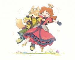 Rule 34 | 1boy, 1girl, animal ears, arm around shoulder, bandana, black gloves, black trim, brown hair, closed eyes, crown, dress, earrings, fangs, fingerless gloves, flower brooch, flower earrings, fox boy, fox ears, fox mccloud, fox tail, frilled gloves, frills, gloves, high heels, highres, jacket, jewelry, mario (series), nendo23, nintendo, open clothes, open jacket, pants, princess daisy, red dress, side-by-side, simple background, star fox, super mario land, super smash bros., tail, thumbs up, white background, yellow footwear