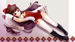Rule 34 | 1girl, adapted costume, arm up, armpits, boots, bow, brown hair, cross-laced footwear, detached sleeves, female focus, hair bow, hair tubes, hakurei reimu, highres, japanese clothes, lace-up boots, long hair, miko, ofuda, purple eyes, solo, thighhighs, touhou, white thighhighs, yori, yori (shitsuon)