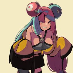 Rule 34 | 1girl, absurdres, alternate breast size, asymmetrical legwear, bare shoulders, black jacket, blue hair, bow-shaped hair, breasts, brown background, character hair ornament, clenched teeth, collarbone, creatures (company), game freak, gen 1 pokemon, grey shirt, hair ornament, hexagon print, highres, iono (pokemon), jacket, large breasts, leaning forward, light blue hair, long hair, long sleeves, looking at viewer, low-tied long hair, magnemite, mismatched legwear, multicolored clothes, multicolored hair, multicolored jacket, nintendo, oversized clothes, pink eyes, pink hair, pokemon, pokemon sv, sharp teeth, shirt, simple background, single leg pantyhose, sleeveless, sleeveless shirt, sleeves past fingers, sleeves past wrists, smile, solo, split-color hair, teeth, two-tone hair, two-tone jacket, very long sleeves, wide sleeves, x, yellow jacket, yukadm