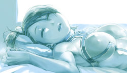 Rule 34 | 1girl, bare shoulders, blue theme, breasts, closed eyes, futami ami, hair bobbles, hair ornament, idolmaster, idolmaster (classic), kousaku, looking at viewer, lying, monochrome, on back, on bed, open mouth, parted lips, pillow, side ponytail, sleeping, sleeveless, solo