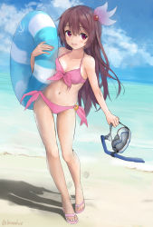 Rule 34 | 10s, 1girl, absurdres, beach, bikini, brown hair, chamu (chammkue), cloud, crescent, crescent pin, day, diving mask, diving mask removed, front-tie top, full body, goggles, hair ornament, highres, innertube, kantai collection, kisaragi (kancolle), long hair, looking at viewer, navel, open mouth, outdoors, pink bikini, purple eyes, sandals, side-tie bikini bottom, sky, snorkel, solo, standing, swim ring, swimsuit, twitter username