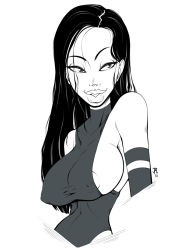 Rule 34 | 10s, 1girl, areola slip, breasts, covered erect nipples, female focus, highres, jeiae, large breasts, leotard, long hair, marvel, monochrome, naughty face, nipples, psylocke, smile, solo, x-men