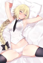 Rule 34 | 1girl, armpits, bed, blonde hair, blue eyes, blush, bow, braid, casual, fate/apocrypha, fate (series), hair bow, highres, jeanne d&#039;arc (fate), jeanne d&#039;arc (girl from orleans) (fate), jeanne d&#039;arc (ruler) (fate), long hair, lying, necktie, on back, panties, pillow, remora180, shirt, sleeveless, sleeveless shirt, solo, thighhighs, underwear